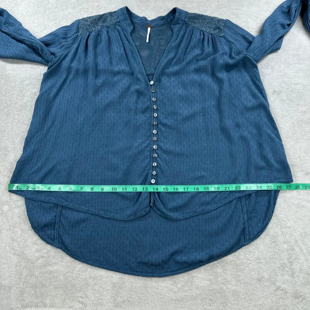 Free People Blouse Women Small Teal Blue Boho Peasant Embroidered Button Front